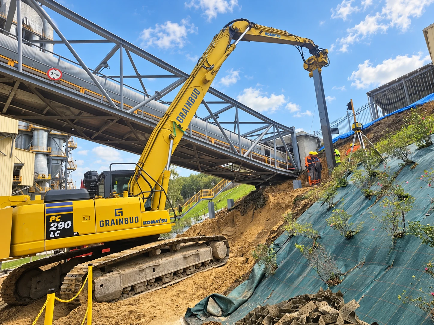 Koparka Komatsu PC290LC utrzymuje pionowy profil stalowy pod instalacją przemysłową.
